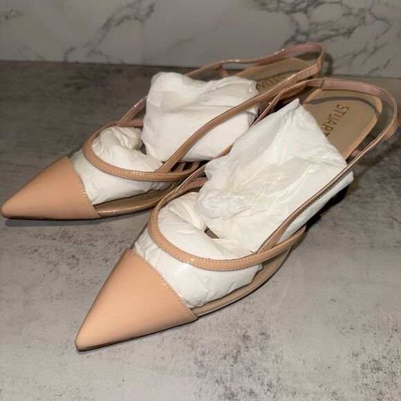 Stuart Weitzman Womens Mondrian 50 Slingback Poudre/Clear 9 B $450 Retail - Picture 2 of 12